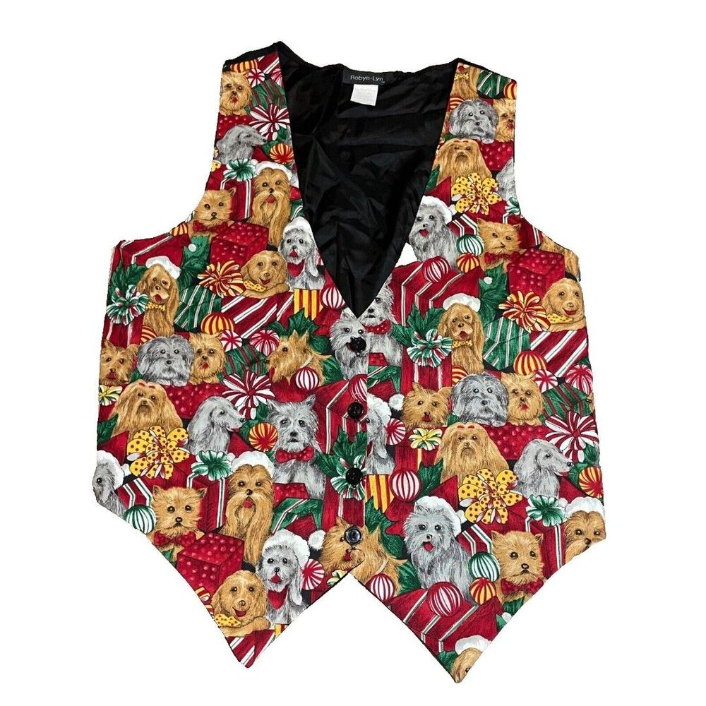 Robyn-Lyn Vest Womens Small S Christmas Dog Holiday Pattern Button Up Vintage